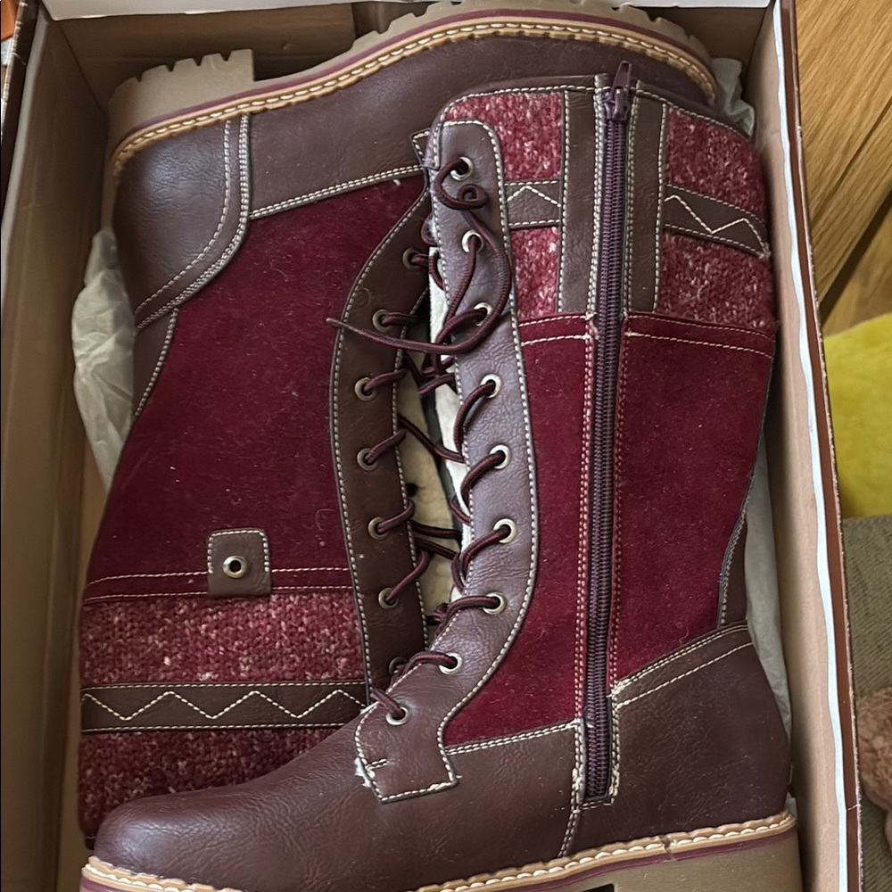 NYC Brown and Red Winter Rain Boots with Lace-Up Design